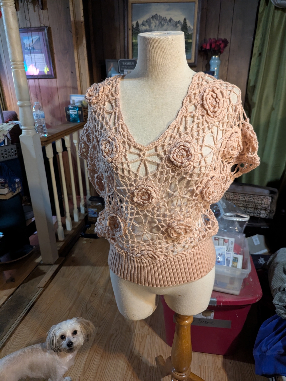 Open-Knit Floral V-Neck Sweater - Peach
